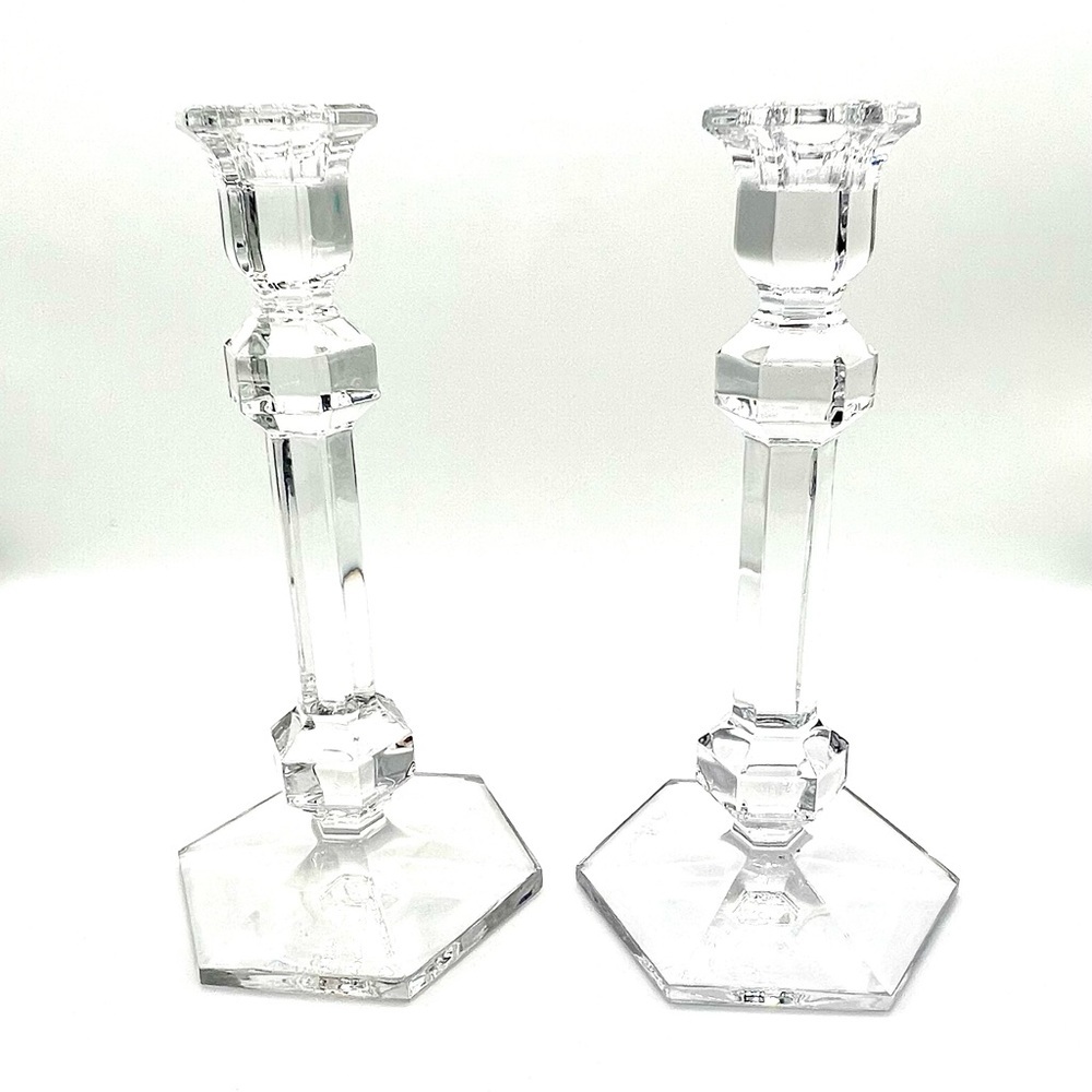 A Set of Two Vintage Val St. Lambert Belgian Crystal Candle Holders